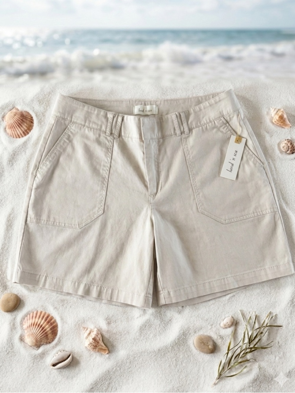 Land n sea Neutral Cream Bermuda Shorts with Front Patch Pockets